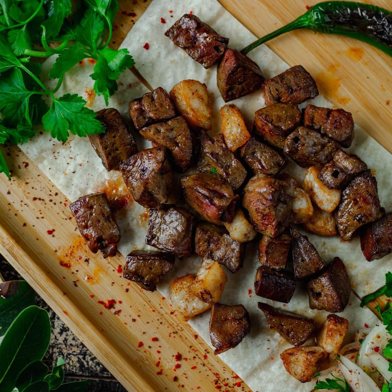 Grilled meat and fat pieces on parchment paper with parsley, chili, and spices.